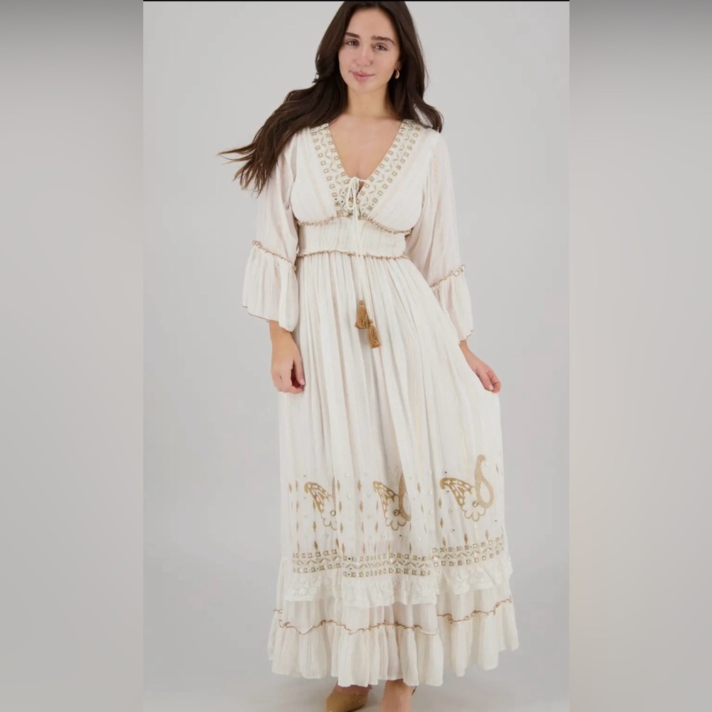 Beige khaki gold Indian boho bohemian embellished shimmer tassel maxi lux dress - Picture 4 of 8